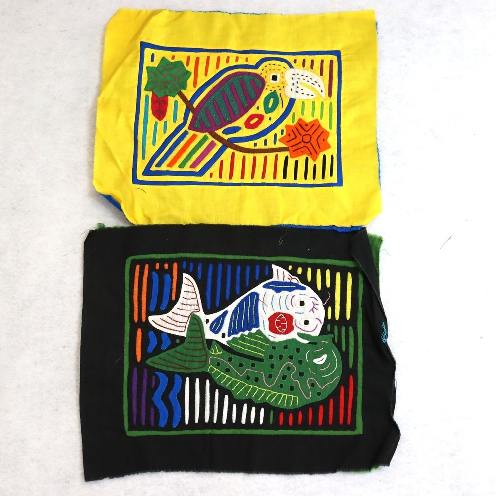 Vintage Kuna Mola Textile Panels Pair Folk Art Animals